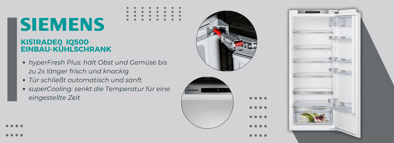 Siemens KI51RADE0, iQ500, Einbau-Kühlschrank, 140 x 56 cm, Flachscharnier mit Softeinzug